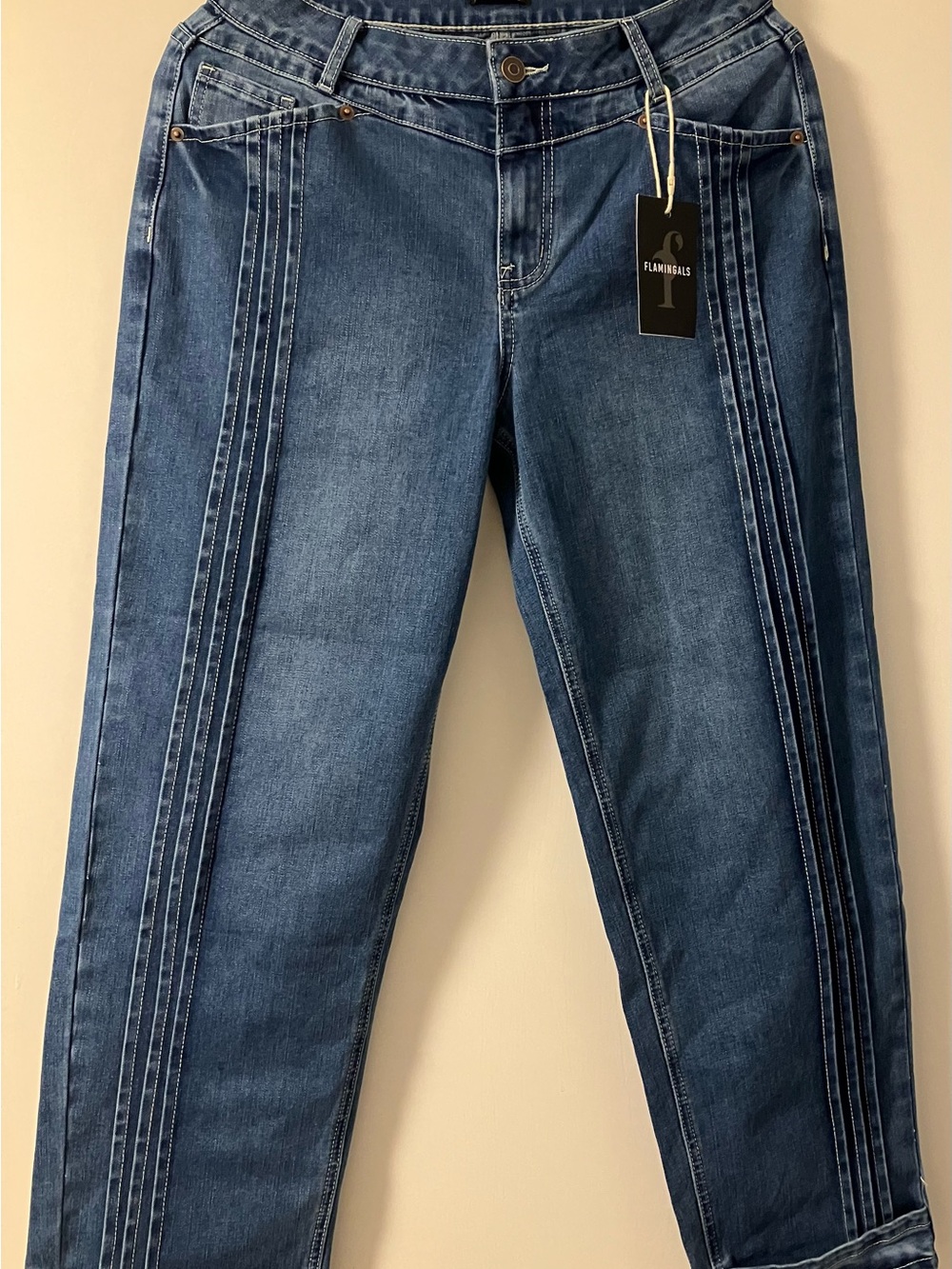 Flamingals Women's Straight-Leg Jeans in Medium Blue with Panel Trim